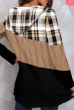 Khaki Casual Plaid Print Patchwork Hooded Collar Tops