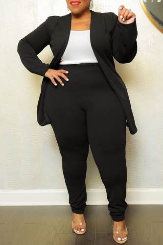 Black Casual Solid Cardigan Pants Turn-back Collar Plus Size Two Pieces