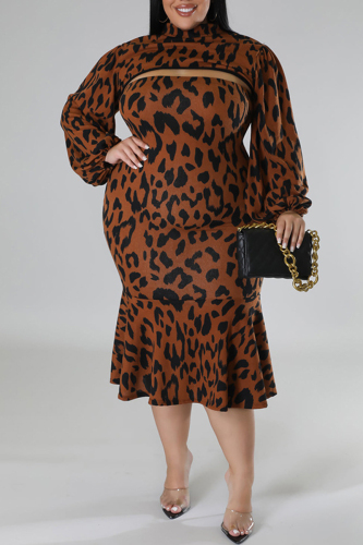 Brown Sexy Casual Print Leopard Hollowed Out Turtleneck Plus Size Two Pieces