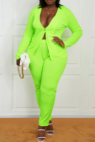 Fluorescent Green Casual Solid Cardigan Pants V Neck Plus Size Two Pieces