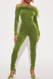 Green Yellow Sexy Solid Patchwork Feathers Off the Shoulder Skinny Jumpsuits