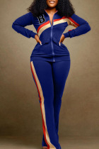 Blue Casual Sportswear Print Patchwork Zipper Cardigan Collar Long Sleeve Two Pieces