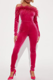 Pink Sexy Solid Patchwork Feathers Off the Shoulder Skinny Jumpsuits
