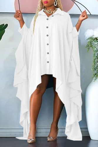 White Casual Solid Patchwork Buckle Asymmetrical Turndown Collar Irregular Dress Plus Size Dresses