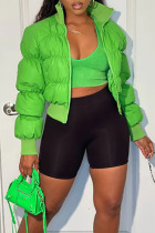 Green Casual Solid Patchwork Zipper Outerwear