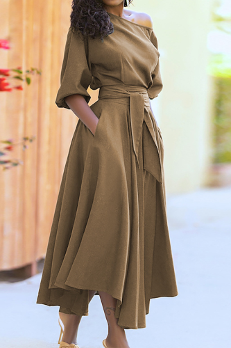 Khaki Fashion Solid Bandage One Shoulder Waist Skirt Dresses