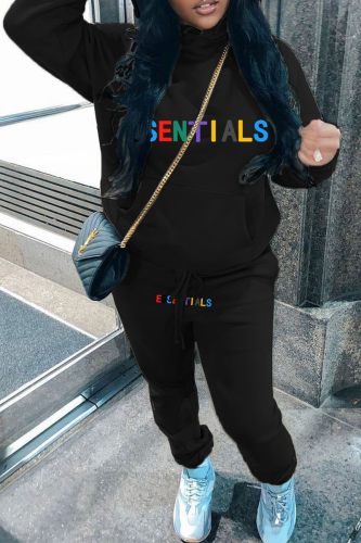 Black Casual Print Letter Hooded Collar Long Sleeve Two Pieces