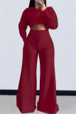 Burgundy Casual Solid Basic O Neck Long Sleeve Two Pieces