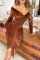 Brown Sexy Casual Solid Draw String Fold Off the Shoulder Long Sleeve Dresses