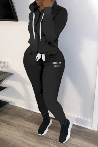 Black Street Print Patchwork Hooded Collar Long Sleeve Two Pieces