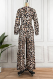 Leopard Print Sexy Print Leopard Bandage Patchwork V Neck Long Sleeve Two Pieces