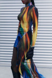 Colour Sexy Print Patchwork Asymmetrical Half A Turtleneck Irregular Dress Dresses
