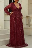 Red Sexy Formal Patchwork Tassel Sequins V Neck Evening Dress Plus Size Dresses
