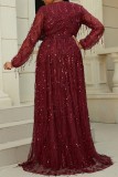 Red Sexy Formal Patchwork Tassel Sequins V Neck Evening Dress Plus Size Dresses