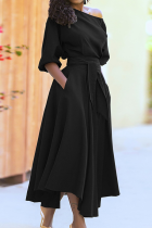 Black Fashion Solid Bandage One Shoulder Waist Skirt Dresses