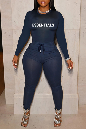 Navy Blue Casual Letter Print Basic O Neck Long Sleeve Two Pieces