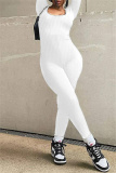 White Casual Solid Basic O Neck Skinny Jumpsuits