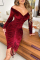 Burgundy Sexy Casual Solid Draw String Fold Off the Shoulder Long Sleeve Dresses