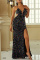 Black Sexy Sequins Backless Slit Spaghetti Strap Evening Dress Dresses