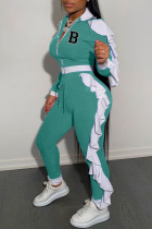 Mint green Casual Letter Print Patchwork Zipper Collar Long Sleeve Two Pieces