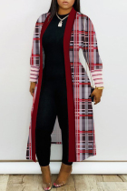 Burgundy Casual Daily Print Printing Cardigan Collar Plus Size Outerwear