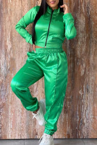 Green Casual Sportswear Solid Patchwork Zipper Zipper Collar Long Sleeve Two Pieces