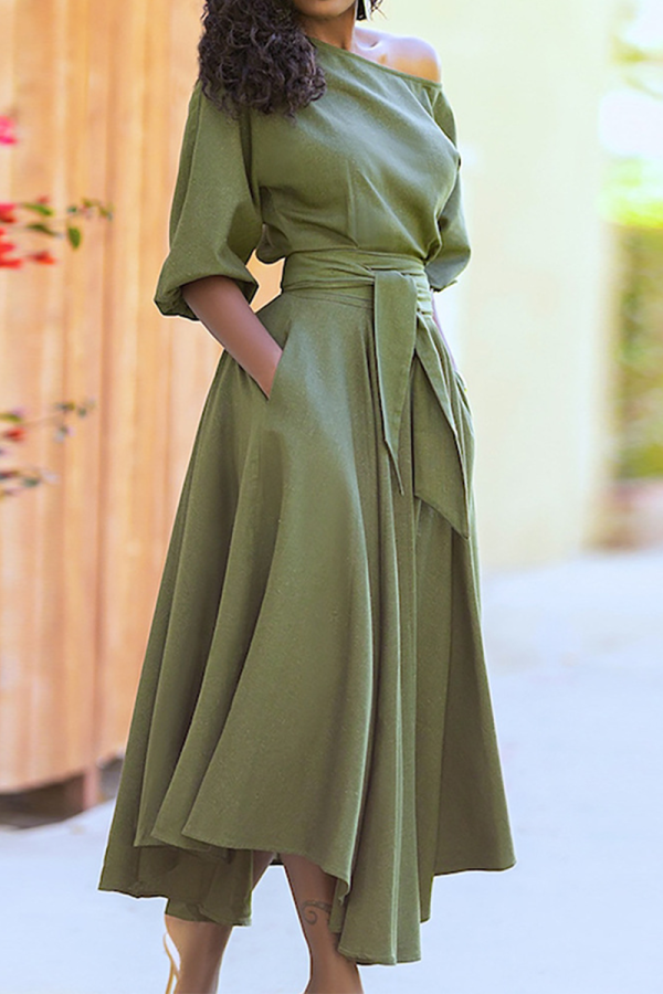 Green Fashion Solid Bandage One Shoulder Waist Skirt Dresses
