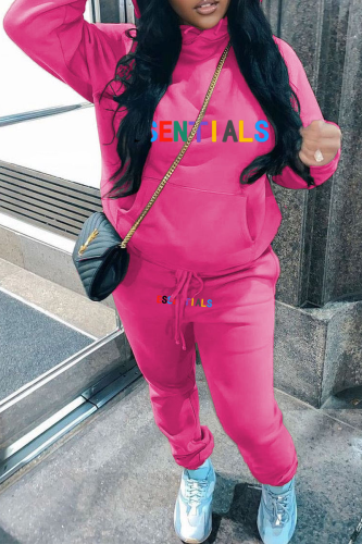 Rose Red Casual Print Letter Hooded Collar Long Sleeve Two Pieces