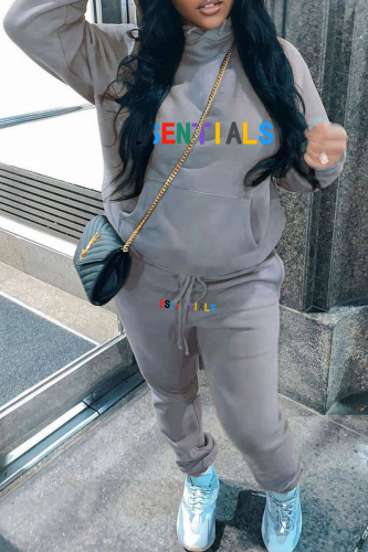 Grey Casual Print Letter Hooded Collar Long Sleeve Two Pieces