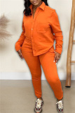 Orange Casual Solid Cardigan Pants Turndown Collar Long Sleeve Two Pieces