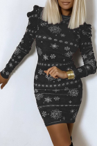 Black Party Print Patchwork O Neck Pencil Skirt Dresses