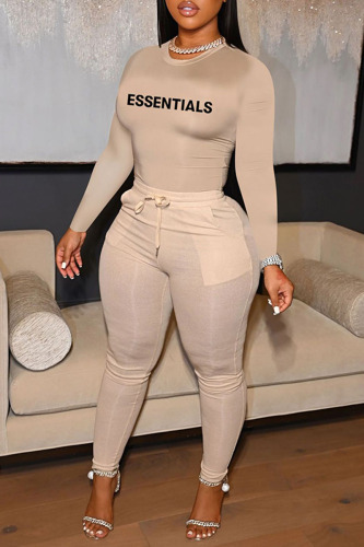 Khaki Casual Letter Print Basic O Neck Long Sleeve Two Pieces