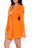 Orange Casual Solid Tassel Patchwork Turndown Collar Long Sleeve Dresses