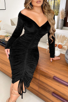 Black Sexy Casual Solid Draw String Fold Off the Shoulder Long Sleeve Dresses