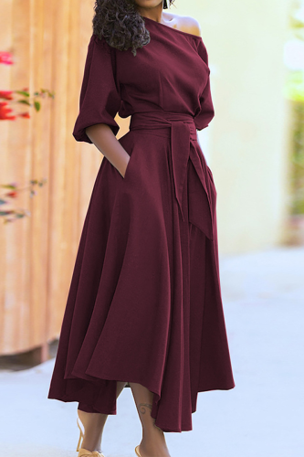 Burgundy Fashion Solid Bandage One Shoulder Waist Skirt Dresses