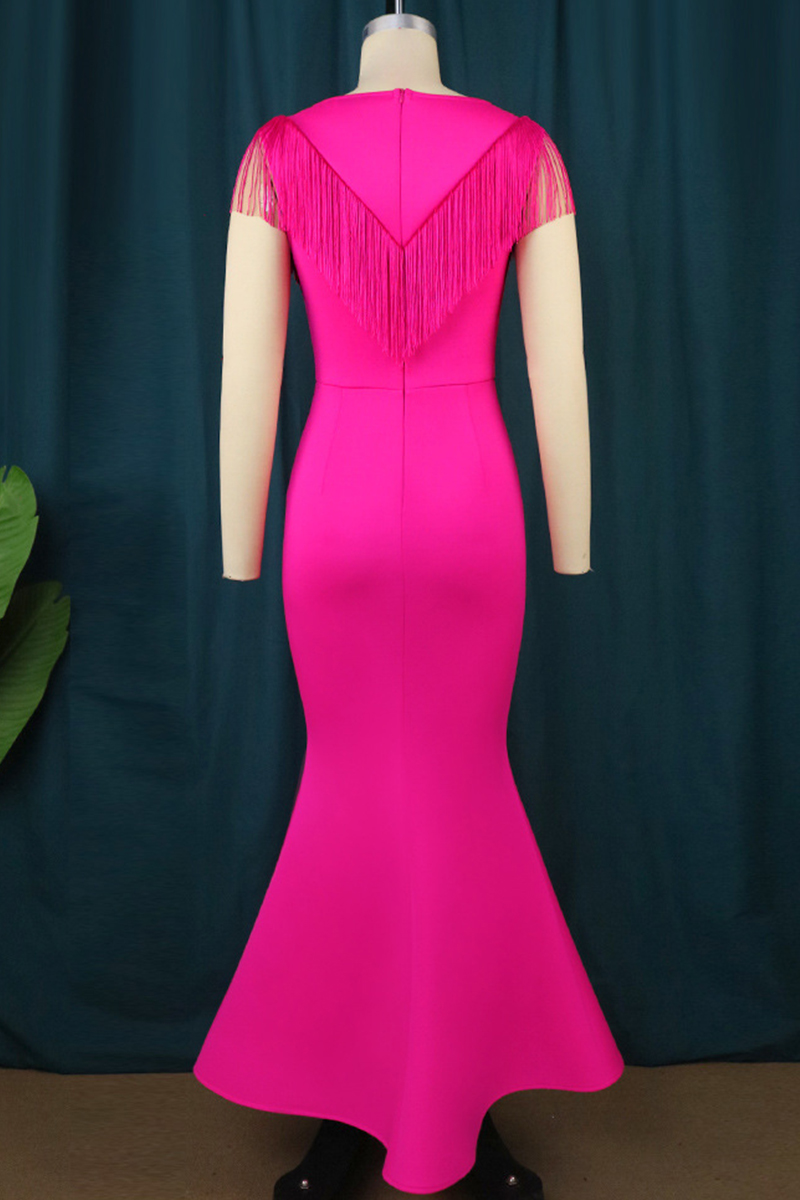 Wholesale Rose Red Sexy Formal Solid Tassel Patchwork V Neck Evening Dress Dresses K63912 1 Online 9774