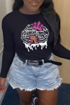 Black Casual Vintage Print Patchwork O Neck Tops