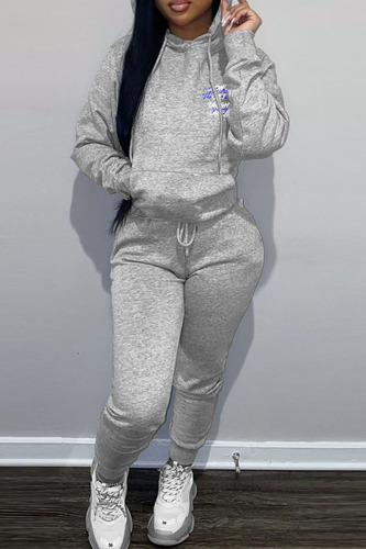 Grey Casual Print Patchwork Hooded Collar Long Sleeve Two Pieces