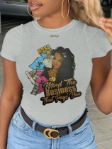 Grey Street Vintage Print Patchwork Letter O Neck T-Shirts