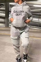 Grey Street Print Letter Hooded Collar Long Sleeve Two Pieces