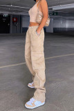 Khaki Casual Street Solid Patchwork Pocket High Waist Straight Solid Color Bottoms