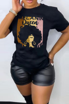 Black Casual Street Print Patchwork Letter O Neck T-Shirts