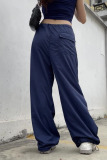 Blue Casual Street Solid Patchwork Pocket Loose Low Waist Wide Leg Solid Color Bottoms