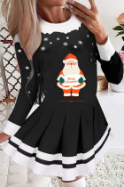 Black Casual Print Patchwork Fold O Neck A Line Dresses