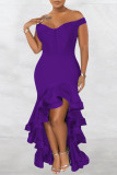 Purple Fashion Sexy Formal Solid Patchwork Backless Off the Shoulder Evening Dress Dresses