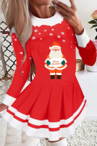 Red Casual Print Patchwork Fold O Neck A Line Dresses