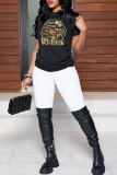 Black Casual Street Print Patchwork Letter O Neck T-Shirts