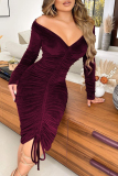 Deep Blue Sexy Casual Solid Draw String Fold Off the Shoulder Long Sleeve Dresses