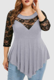 Black Casual Solid Patchwork See-through Asymmetrical O Neck Tops