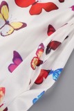 Multicolor Casual Butterfly Print Patchwork Off the Shoulder Long Sleeve Dresses